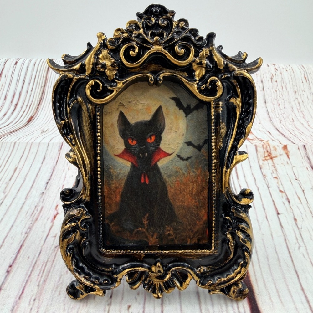 Hand Crafted Vampire Black Cat Decoupage Art Ornate Gold Resin Frame